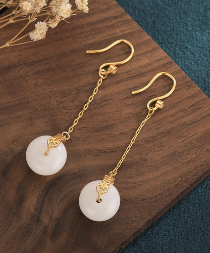 Elegante weiße Sterling Silber antike Gold Jade Zirkon Ping Schnalle Tropfen Ohrringe