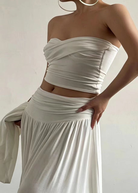 Elegant White Strapless Wrinkled Cotton Two Pieces Set Summer