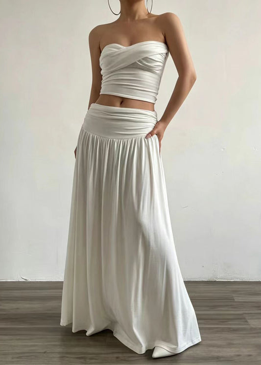 Elegant White Strapless Wrinkled Cotton Two Pieces Set Summer