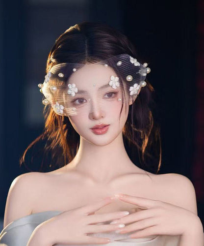 Elegant White Tulle Pearl Floral HairPiece