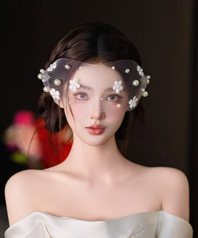 Elegant White Tulle Pearl Floral HairPiece