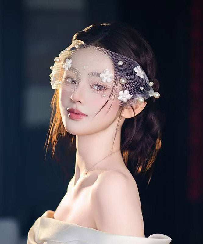 Elegant White Tulle Pearl Floral HairPiece
