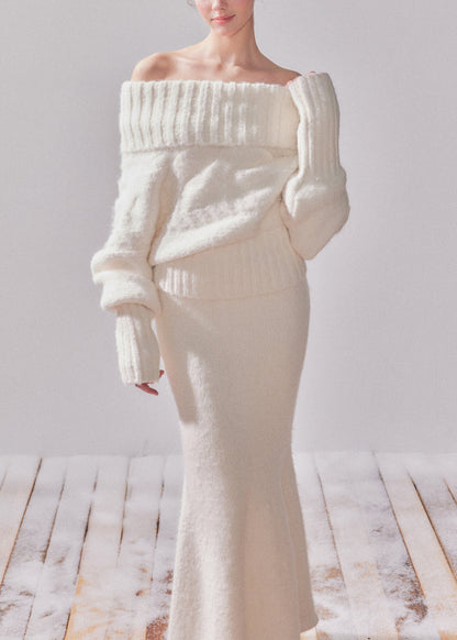Elegante conjunto de dos piezas de jersey de punto de algodón con cuello alto blanco y vestido largo de patchwork para primavera
