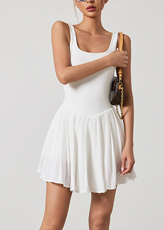 Elegant White U Neck Wrinkled Tennis Dress Sleeveless