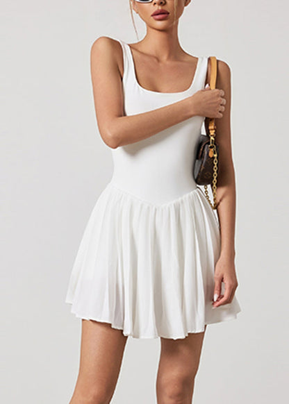 Elegant White U Neck Wrinkled Tennis Dress Sleeveless