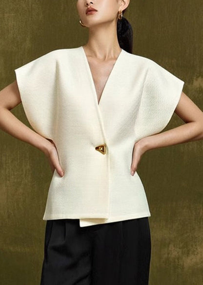 Elegant White V Neck Button Top Summer