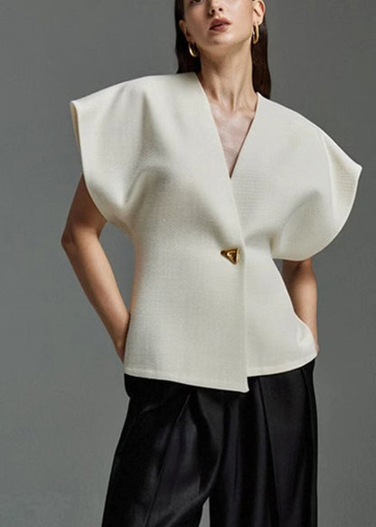 Elegant White V Neck Button Top Summer