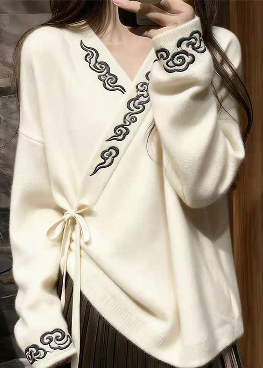 Elegant White V Neck Embroidered Lace Up Knit Sweaters Spring