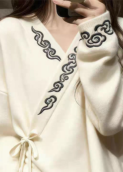 Elegant White V Neck Embroidered Lace Up Knit Sweaters Spring