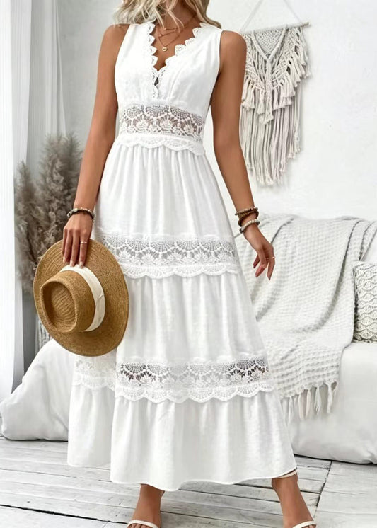 Elegant White V Neck Patchwork Lace Long Dress Sleeveless