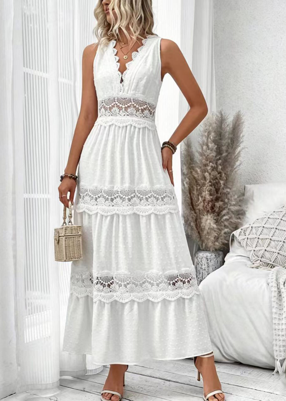 Elegant White V Neck Patchwork Lace Long Dress Sleeveless