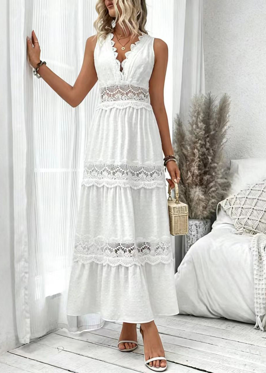 Elegant White V Neck Patchwork Lace Long Dress Sleeveless