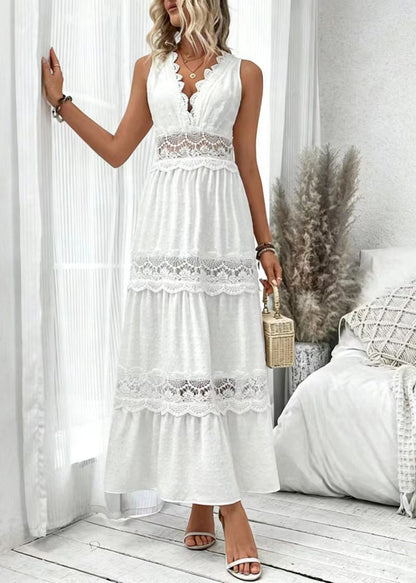 Elegant White V Neck Patchwork Lace Long Dress Sleeveless