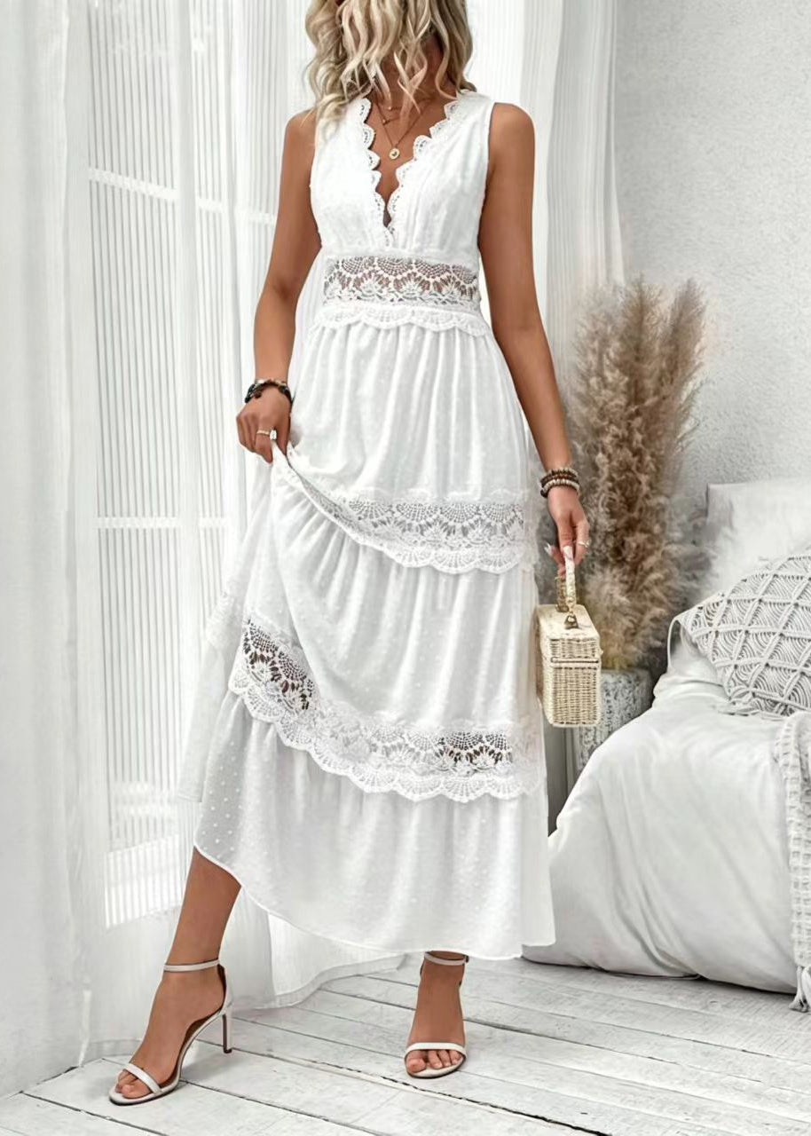 Elegant White V Neck Patchwork Lace Long Dress Sleeveless