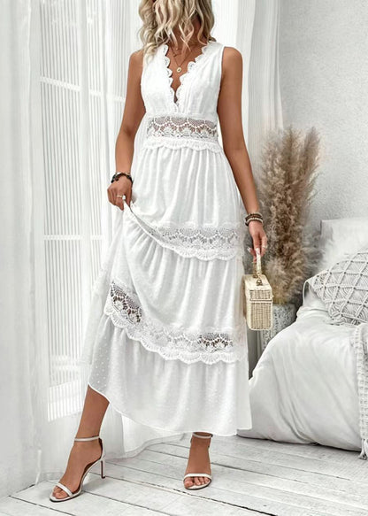 Elegant White V Neck Patchwork Lace Long Dress Sleeveless