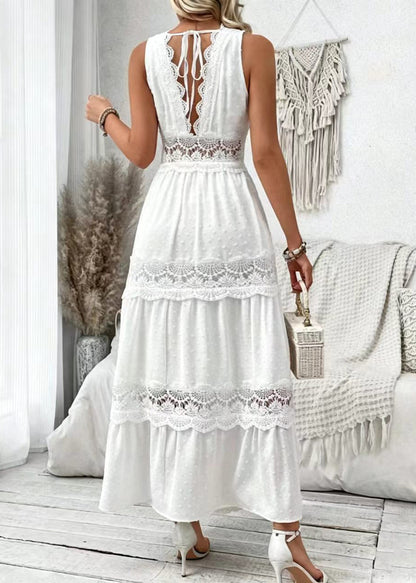 Elegant White V Neck Patchwork Lace Long Dress Sleeveless