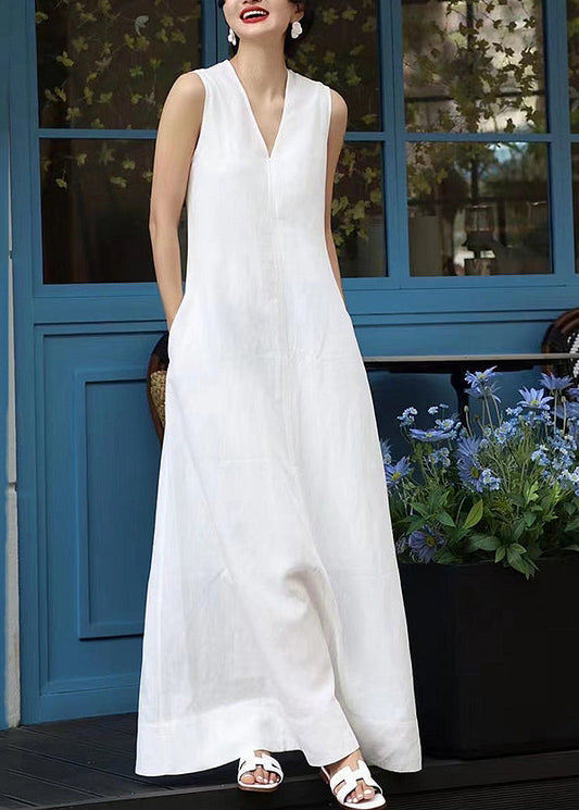 Elegant White V Neck Patchwork Long Dresses Sleeveless