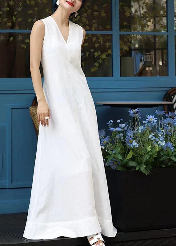 Elegant White V Neck Patchwork Long Dresses Sleeveless