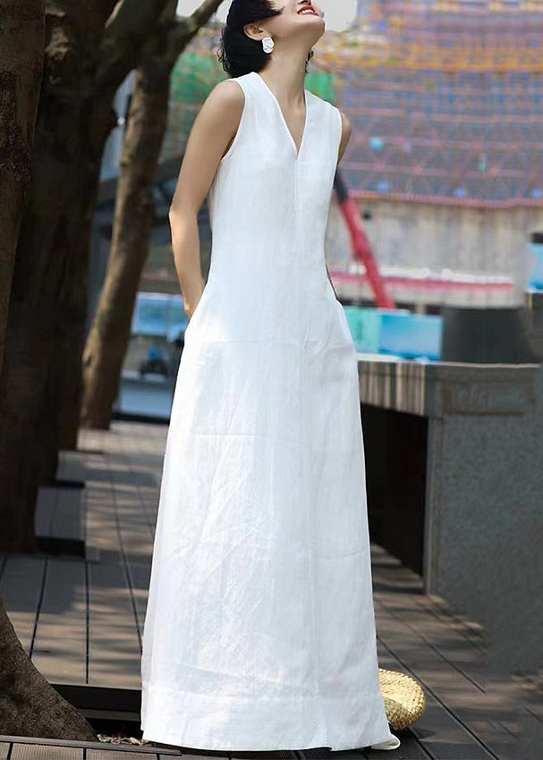 Elegant White V Neck Patchwork Long Dresses Sleeveless