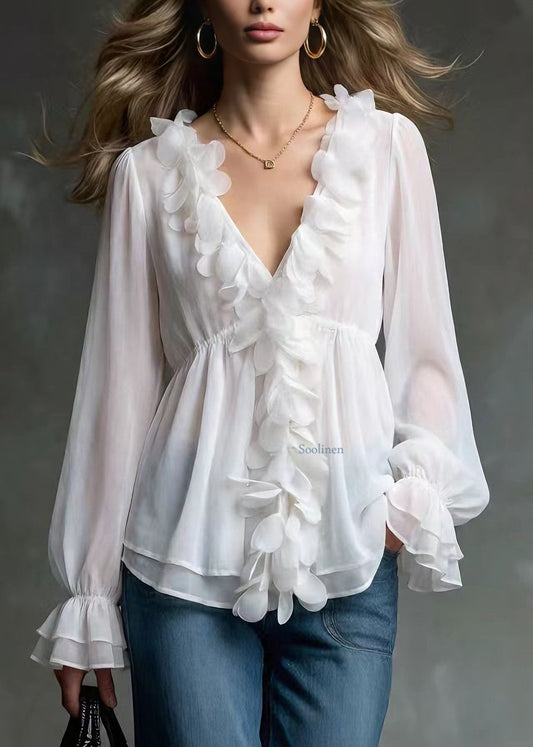 Elegant White V Neck Petal Chiffon Shirts Spring