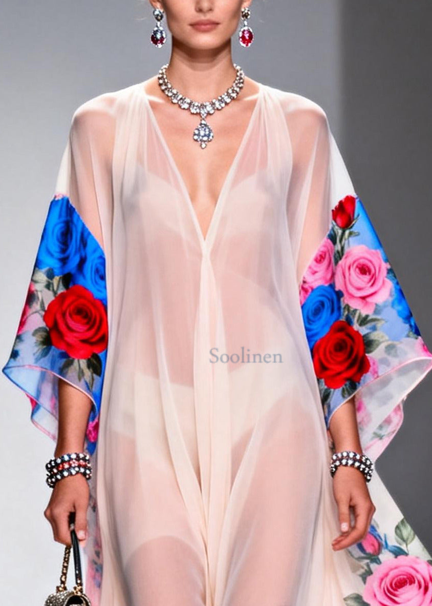 Elegant White V Neck Print Chiffon Beach Dress Summer