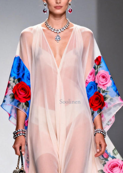 Elegant White V Neck Print Chiffon Beach Dress Summer