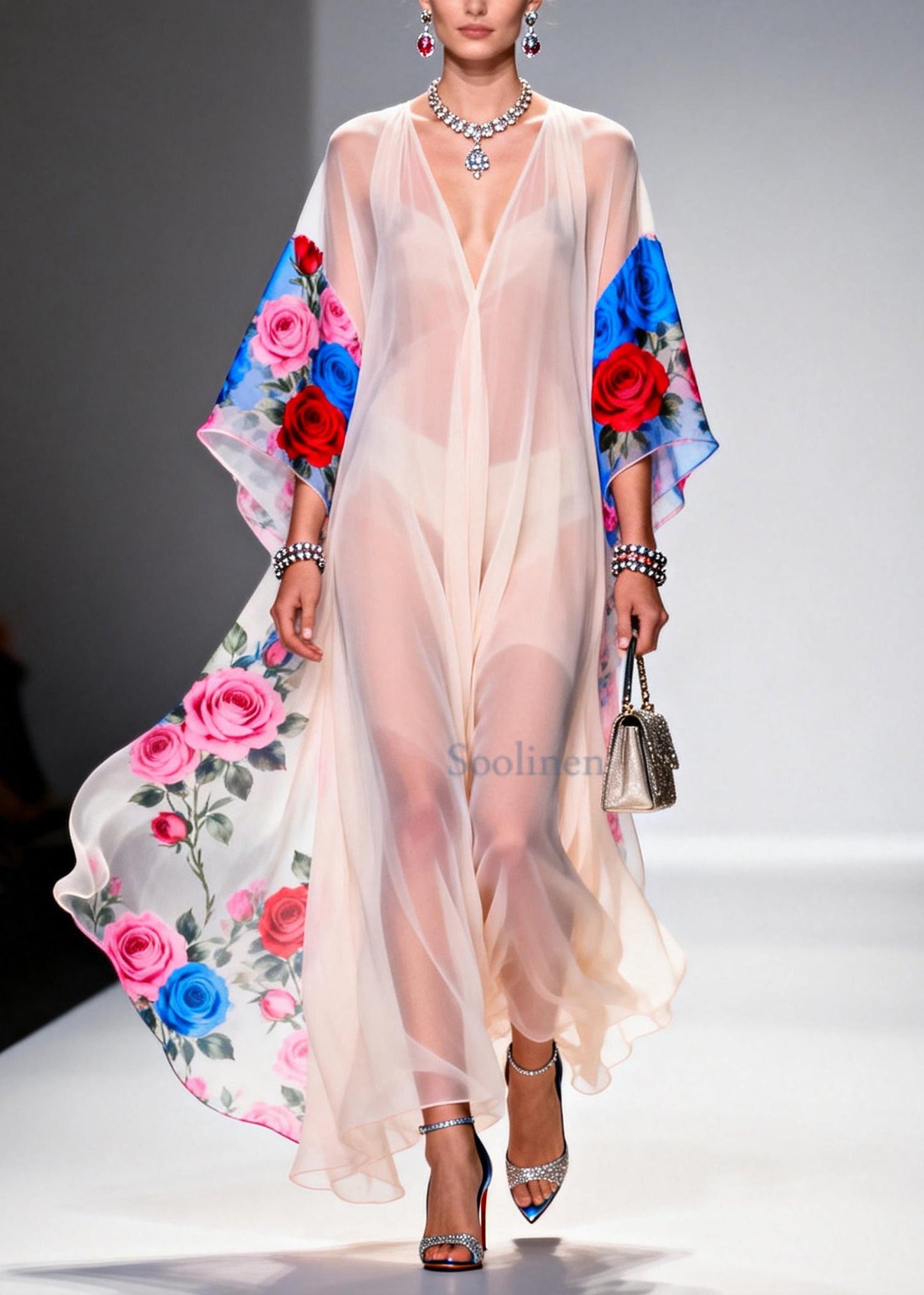Elegant White V Neck Print Chiffon Beach Dress Summer