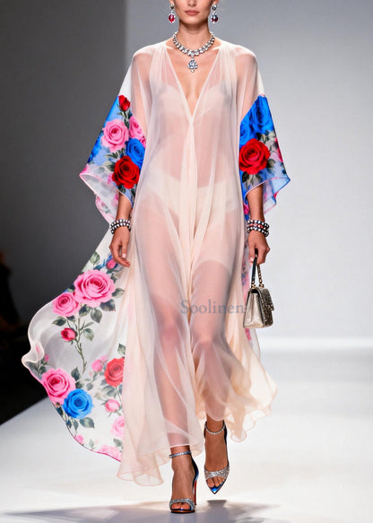 Elegant White V Neck Print Chiffon Beach Dress Summer