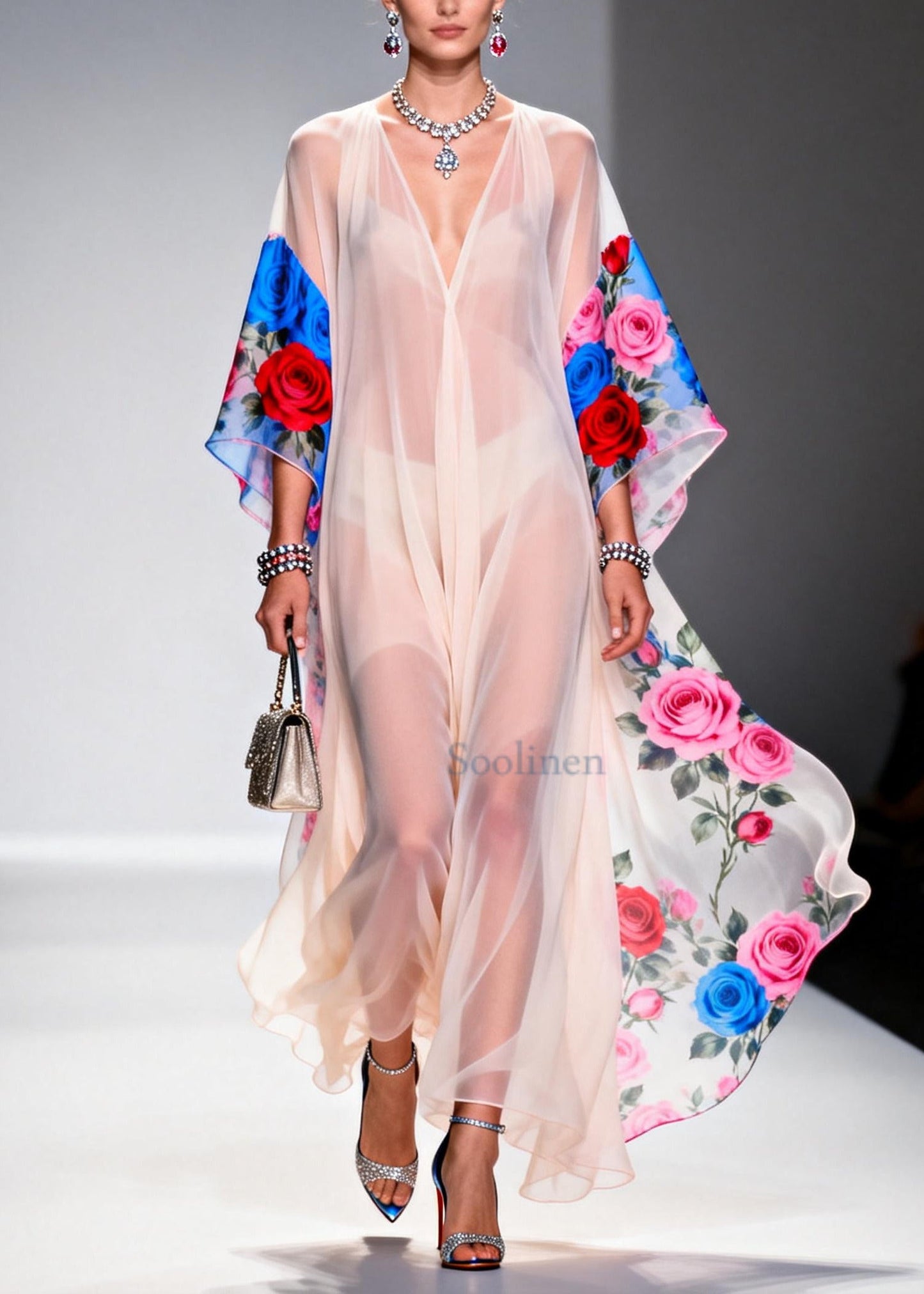 Elegant White V Neck Print Chiffon Beach Dress Summer