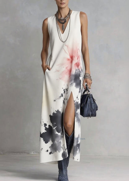 Elegant White V Neck Tie Dye Maxi Dresses Sleeveless