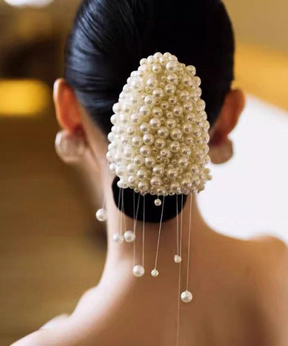 Elegant White Weave Fishing Line Beading Pearl Tassel Hairpin