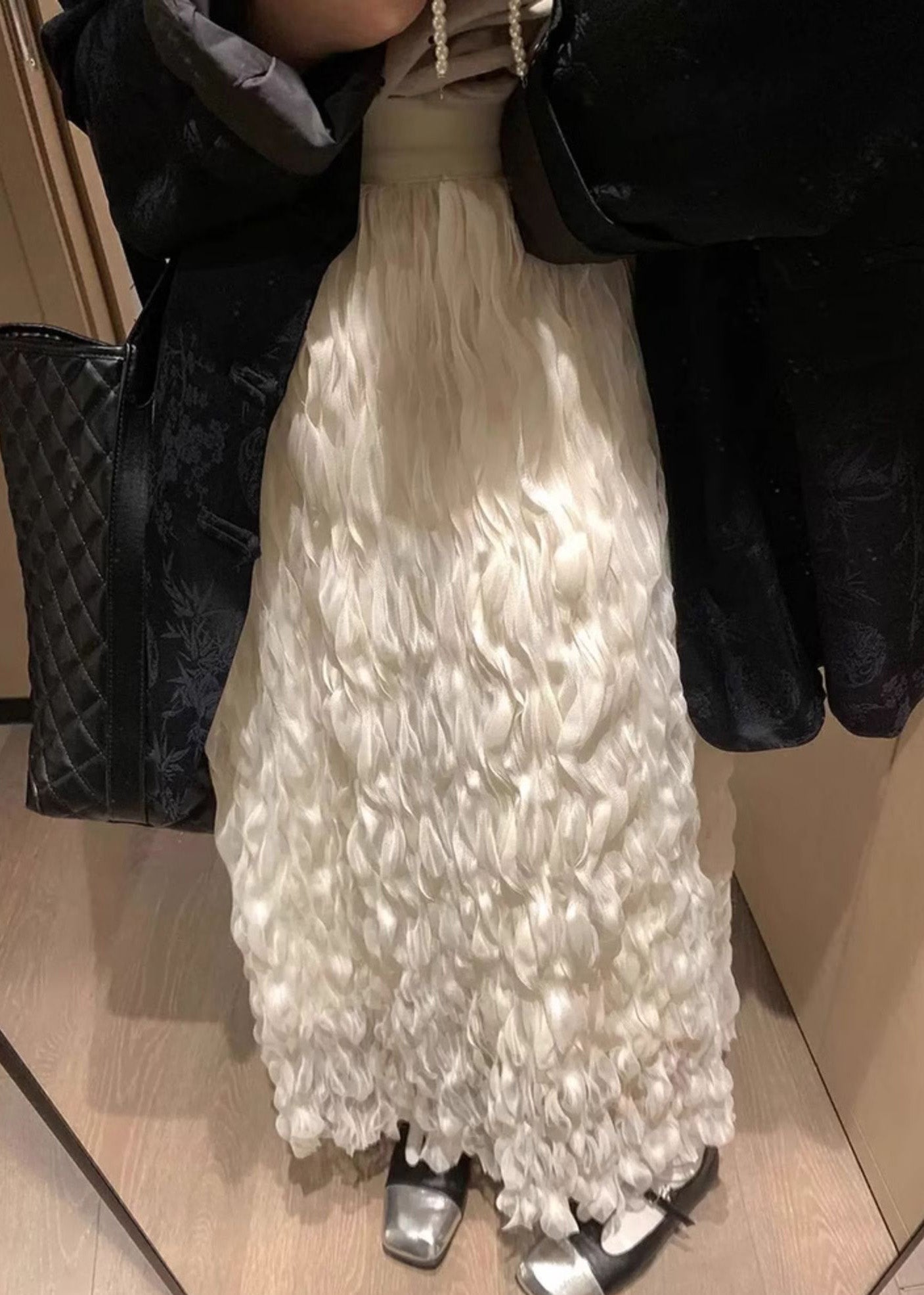 Falda elegante de tul blanco arrugado con cintura elástica sólida para primavera