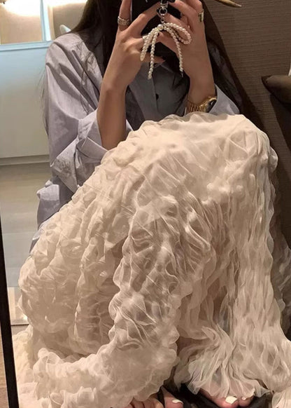 Falda elegante de tul blanco arrugado con cintura elástica sólida para primavera