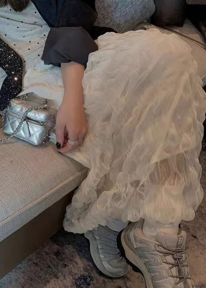 Falda elegante de tul blanco arrugado con cintura elástica sólida para primavera