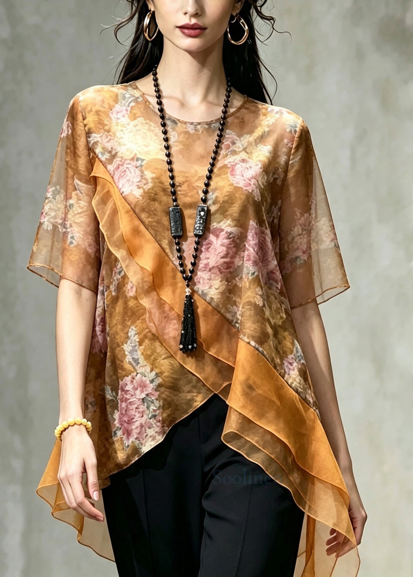 Elegant Yellow Asymmetrical Patchwork Chiffon Top Summer