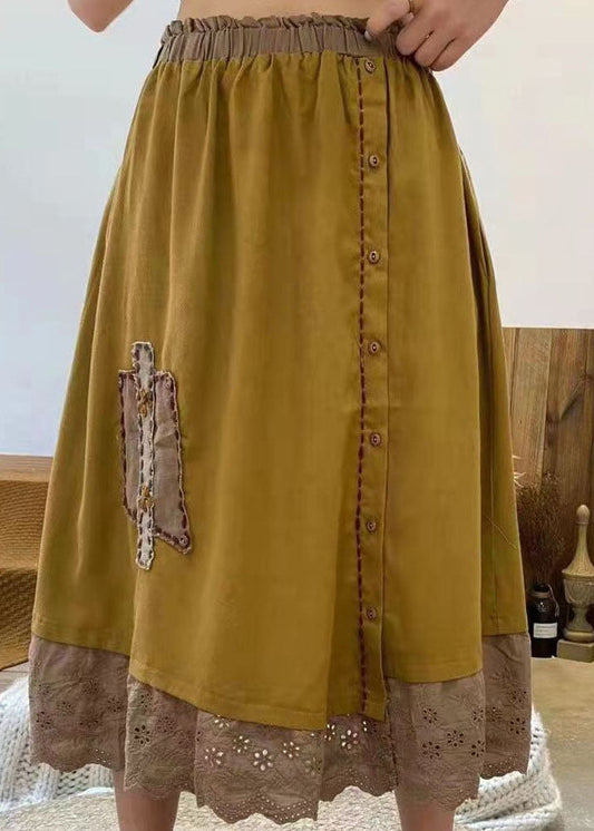 Elegante Gelb Bestickt Hohl Out Baumwolle Rock Frühling