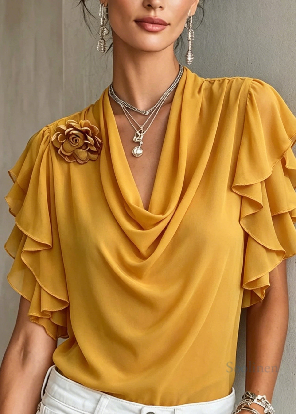 Elegant Yellow Floral Chiffon Shirts Butterfly Sleeve
