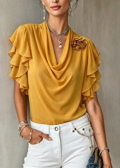 Elegant Yellow Floral Chiffon Shirts Butterfly Sleeve