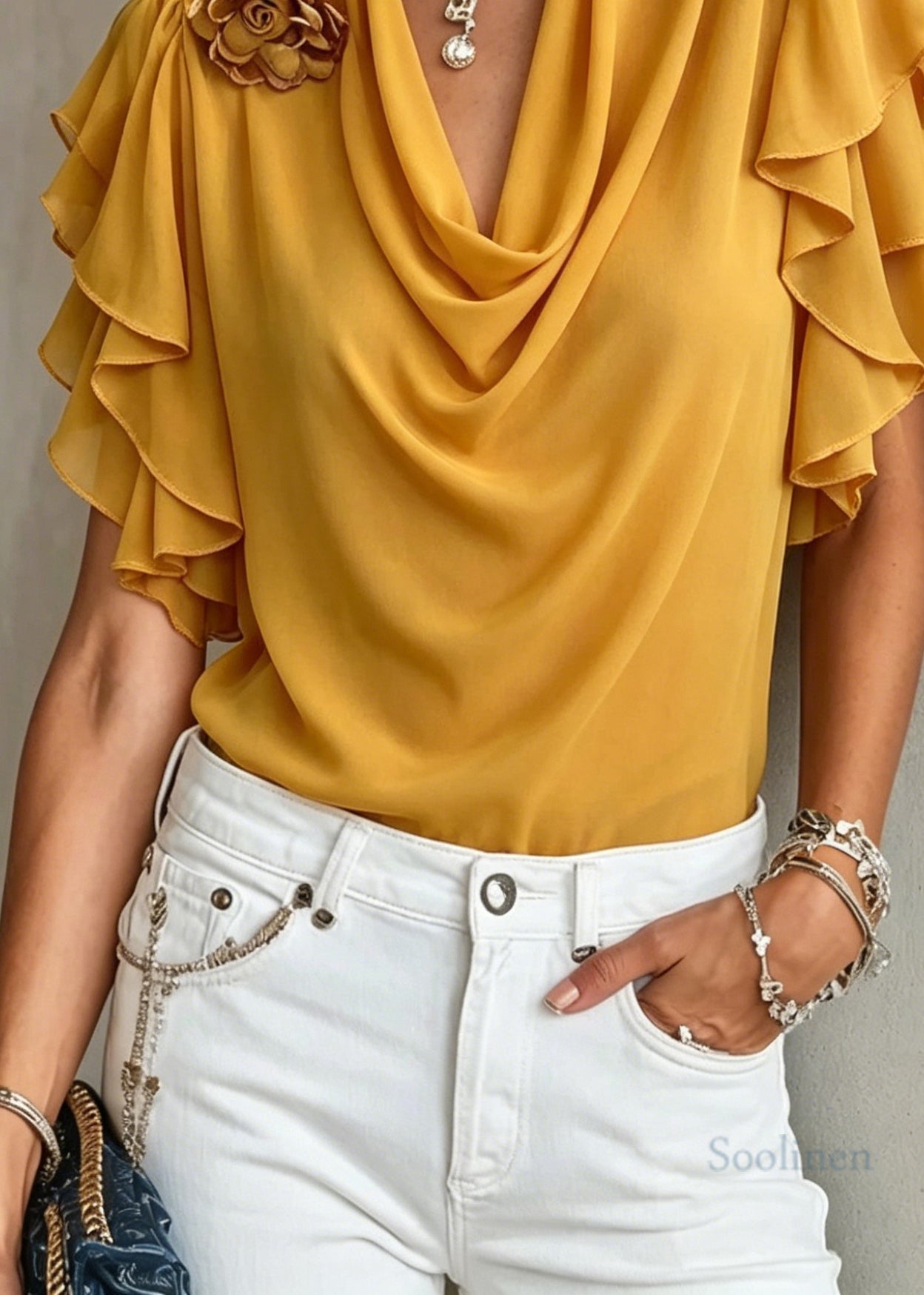 Elegant Yellow Floral Chiffon Shirts Butterfly Sleeve