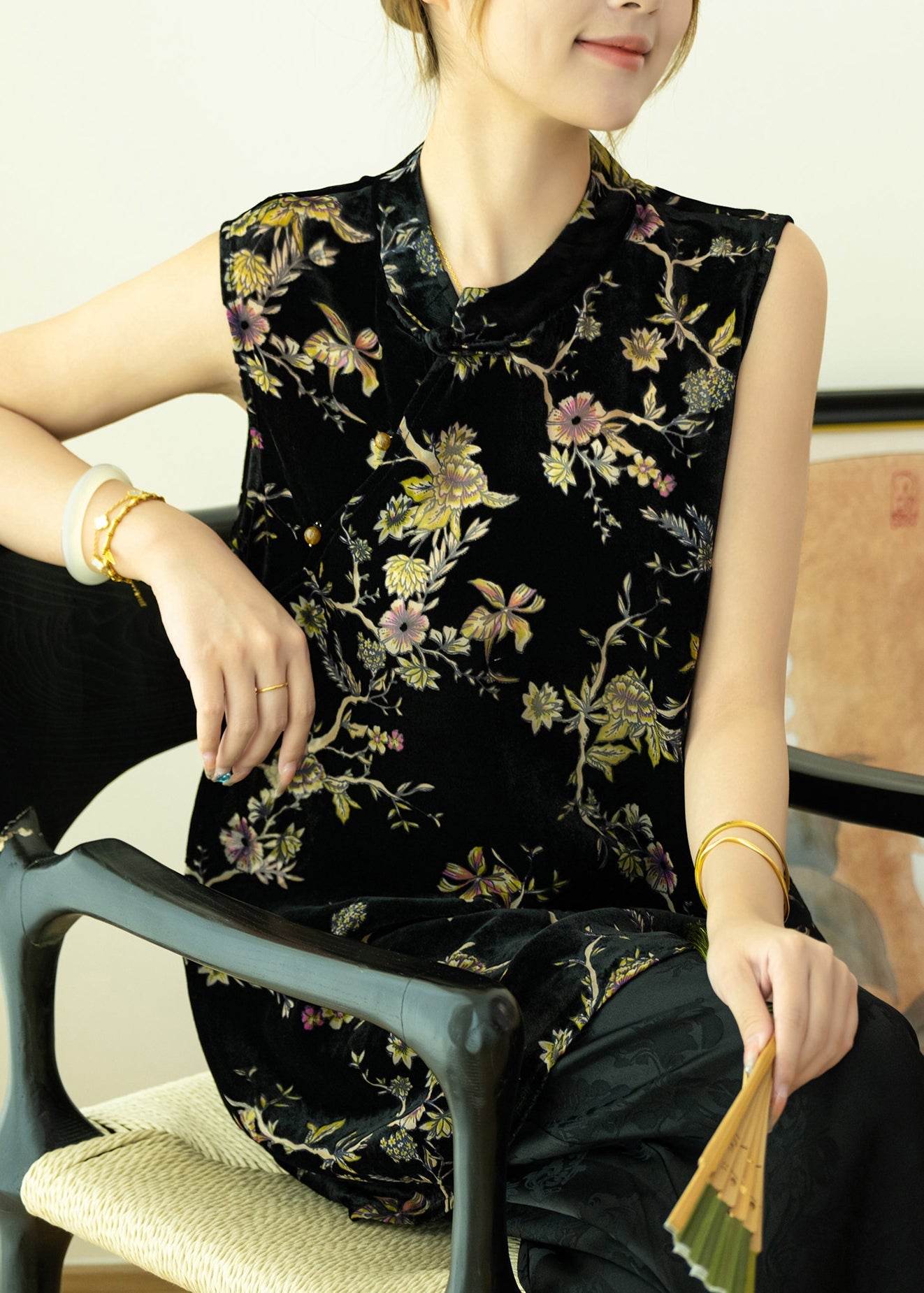 Elegant Yellow Floral Silk Velour Top Summer
