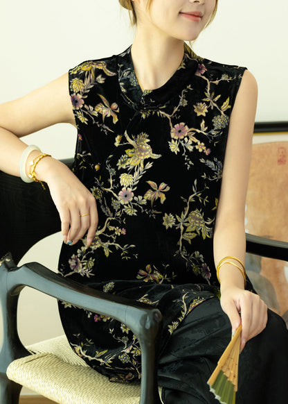 Elegant Yellow Floral Silk Velour Top Summer