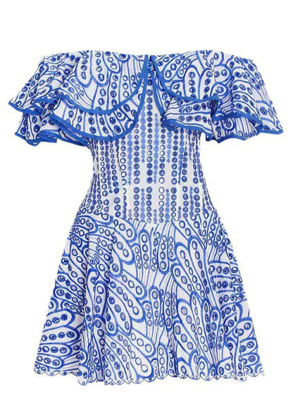 Elegant Yellow Hollow Out Ruffled Print Cotton Mini Dress Summer