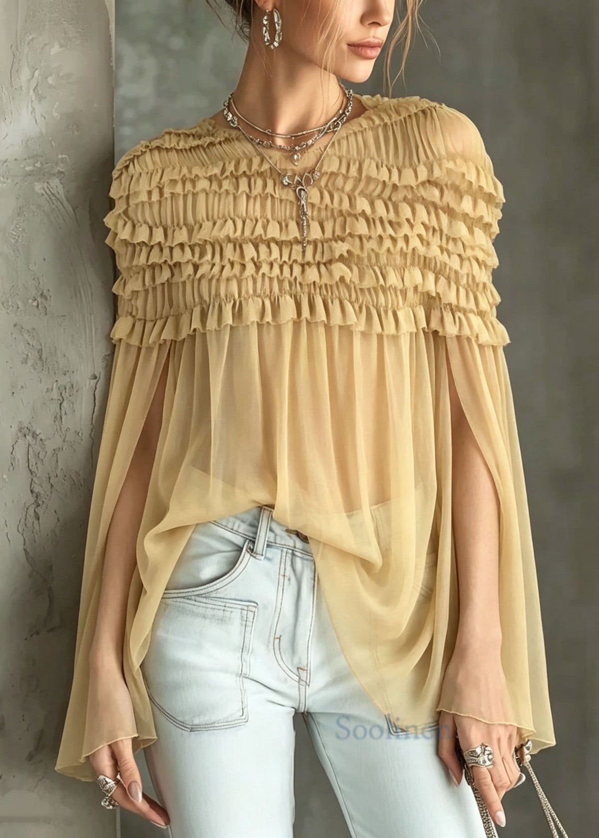 Elegant Yellow O Neck Ruffled Sheer Chiffon Shirt Top Summer