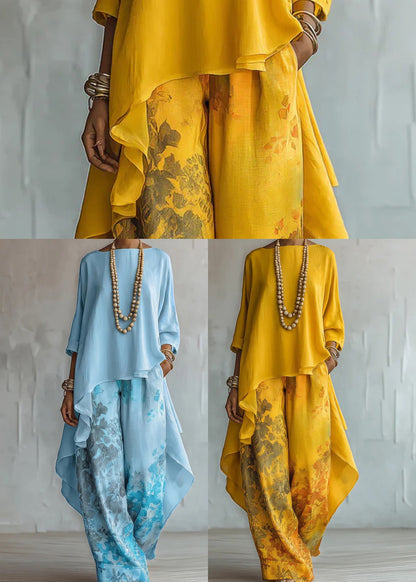 Elegant Yellow Oversized Print Cotton Two Pieces Set Fall