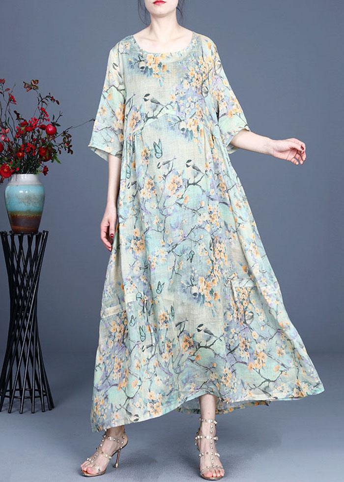 Elegant Yellow Retro Print Design Summer Ramie Dress - SooLinen