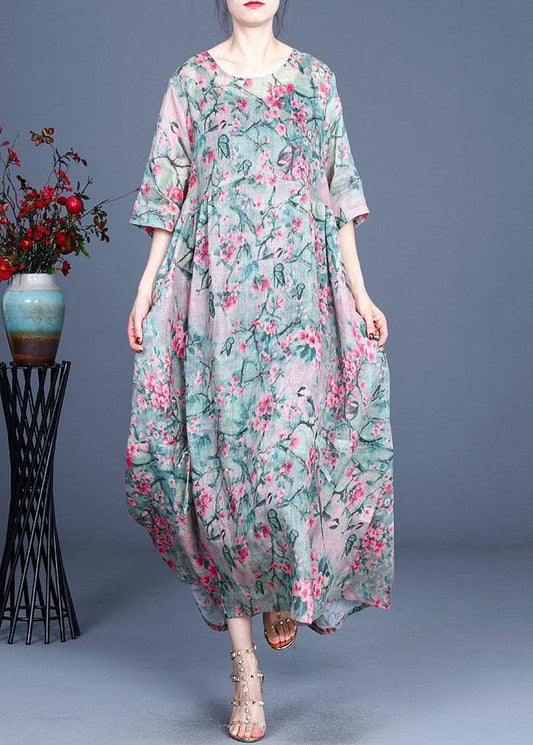 Elegant Yellow Retro Print Design Summer Ramie Dress - SooLinen