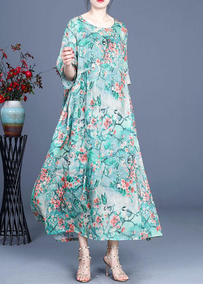 Elegant Yellow Retro Print Design Summer Ramie Dress - SooLinen