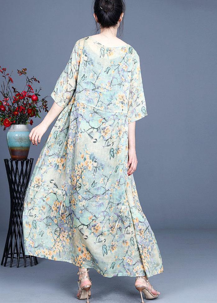 Elegant Yellow Retro Print Design Summer Ramie Dress - SooLinen
