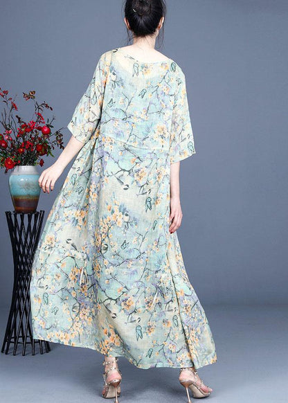 Elegant Yellow Retro Print Design Summer Ramie Dress - SooLinen