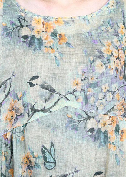 Elegant Yellow Retro Print Design Summer Ramie Dress - SooLinen